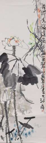 A Chinese scroll painting, colour and ink on paper, 'Lily Po...