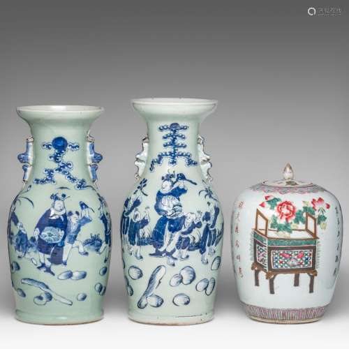 Two Chinese blue and white on celadon vases, 19thC, H 43,5 c...