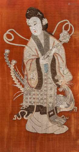 A Chinese silk embroidery depicting a female Immortal, late ...