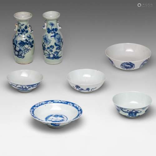 A collection of Chinese blue and white bowls and a pair of c...