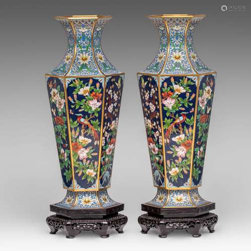 A pair of Chinese cloisonne enamelled bronze hexagonal vases...