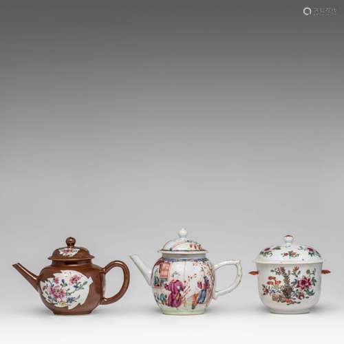 Two Chinese famille rose teapots and a sugar pot, Qianlong p...