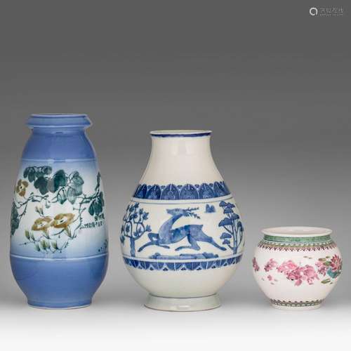 A unique collection of Chinese decorative vases, one signed ...