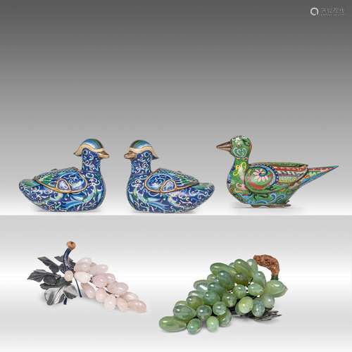 A collection of three Chinese cloisonne bronze ducks, 20thC,...