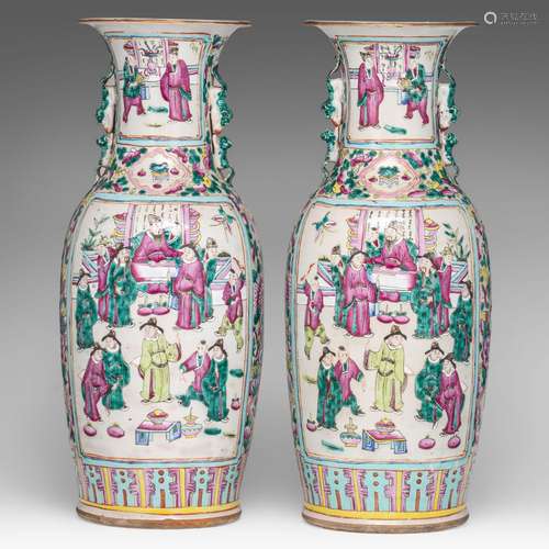 A pair of Chinese famille rose 'Court scene' vases, 19thC, H...