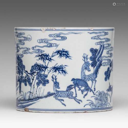 A Chinese blue and white 'Deer' brush pot, late 19thC, H 16 ...