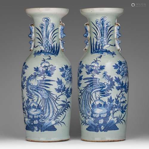 A pair of Chinese blue and white on celadon ground vases, pa...