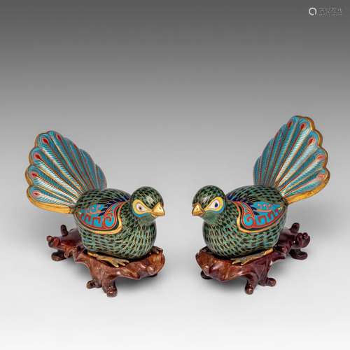 A pair Chinese cloisonne enamelled bronze figures of pheasan...