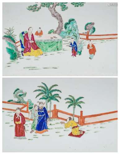 A series of two Chinese famille rose 'Court scene' plaques, ...