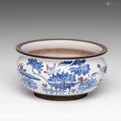 A Chinese underglaze blue and copper-red 'Lotus pond' censer...