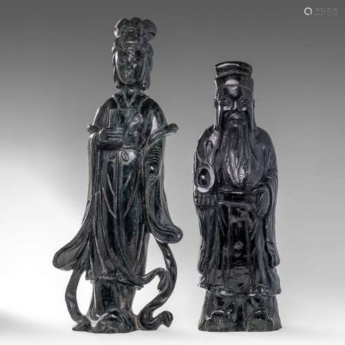 A pair of Chinese green jadeite figures of Immortals, H 57,5...