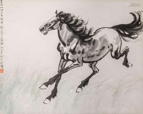 A Chinese painting, ink and colour on paper, 'Galloping Hors...