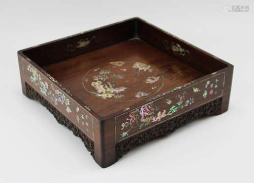 A rosewood with mother-of-pearl inlay Scholar's desk tra...
