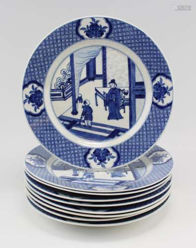 Nine soft paste blue and white plates, Chenghua mark