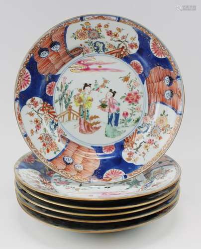 Six famille rose plates with figures