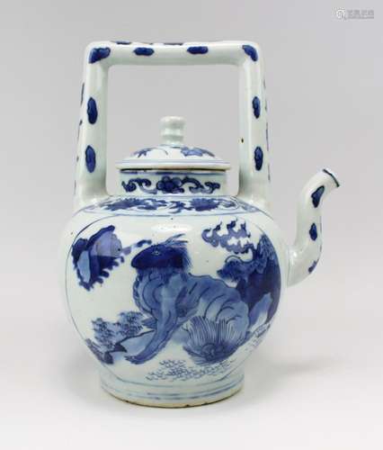 A large Transitional blue and white wine ewer