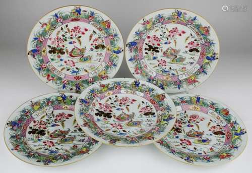 Five famille rose plates with immortals and lotus pond