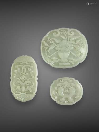 A Fine group of Three celadon jade Plaques, 19th century