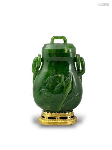 A Spinach Jade swing handled Vase and Cover, Qing dynasty