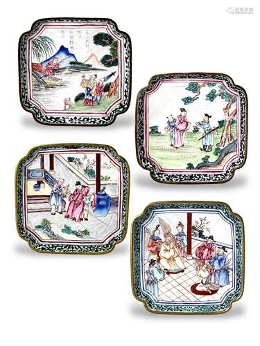 Four Canton Enamel  Dishes with Figure Scenes, Qianlong