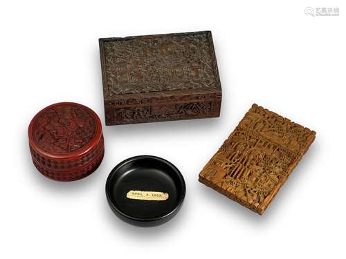 A small cinnabar lacquer box and cover, and three works of a...