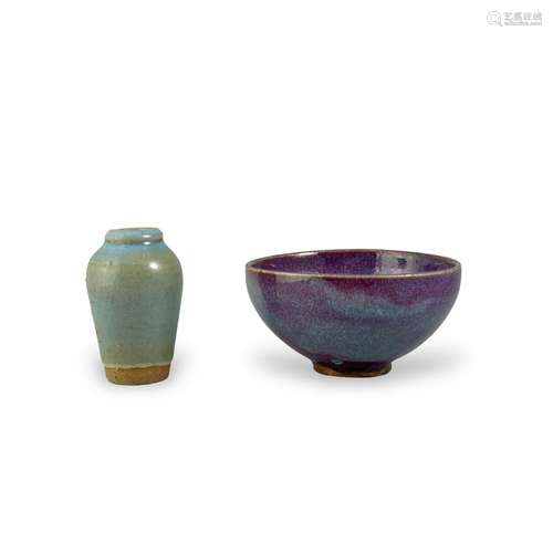 A Jun purple-splashed ‘Bubble Bowl’ and a small Jun blue gla...