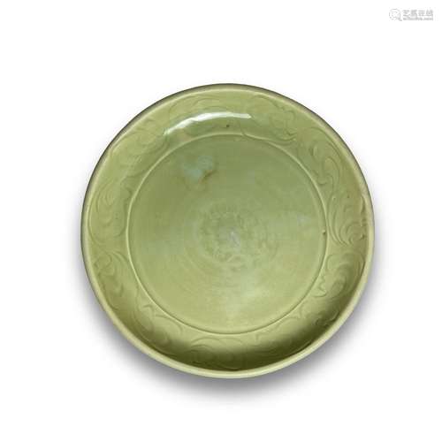 A large Longquan celadon carved and moulded Dish,  Ming dyna...