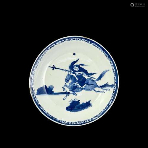 A blue and white 'rider' Dish,  probably 17th century