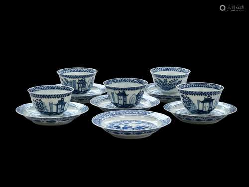 Five blue and white cups and saucers, 18th century