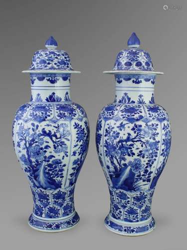 A Good Pair of Blue and White Vases and Covers, Kangxi