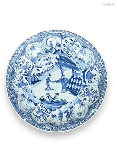 A blue and white Dish with Figures,  Kangxi