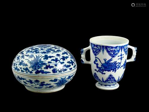 A blue and white ecuelle  and a box and cover, Kangxi