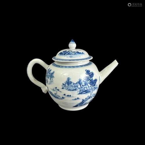 A blue and white landscape teapot and cover, Qianlong