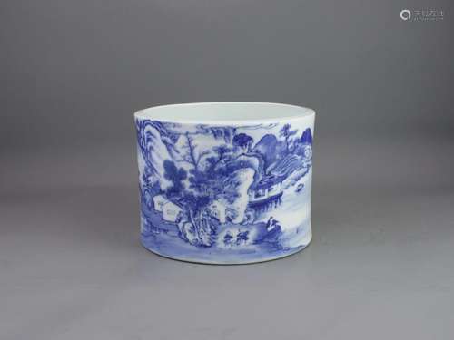 A blue and white Landscape Brushpot,  18th century