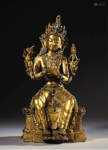 十五世纪 铜鎏金嵌宝石 弥勒菩萨像
