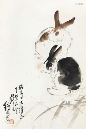 刘继卣 1977年作 双兔 镜心