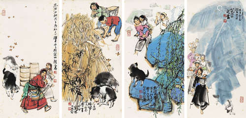 史国良 2008年作 人物时景四屏 镜心