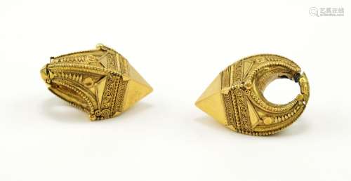 A pair of gold Indian Kathila ear pendants