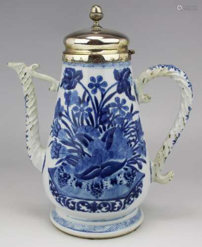 A large blue and white pot with Dutch silver lid