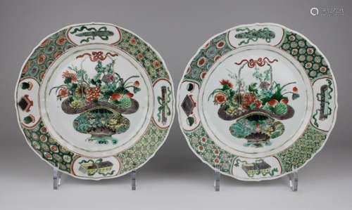 A pair of famille verte flower basket plates