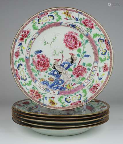 Six famille rose plates with birds and florals