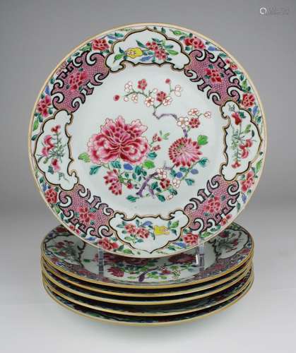 Six famille rose plates with floral decoration