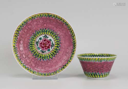 A round famille rose cup and saucer