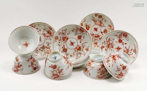 Five large 'milk and blood' bowls and saucers