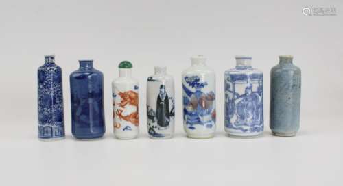 Seven cylindrical porcelain snuff bottles