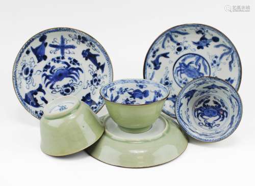 Three blue and white 'fish and crab' cups and saucers with c...