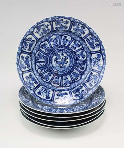 Six blue and white plates