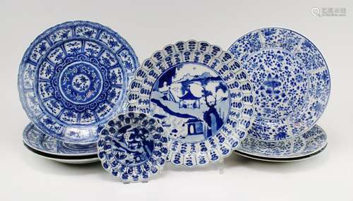 Eight various blue and white plates