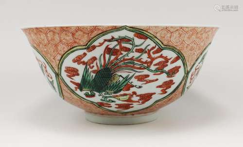 A famille verte Ming style dragon and phoenix bowl