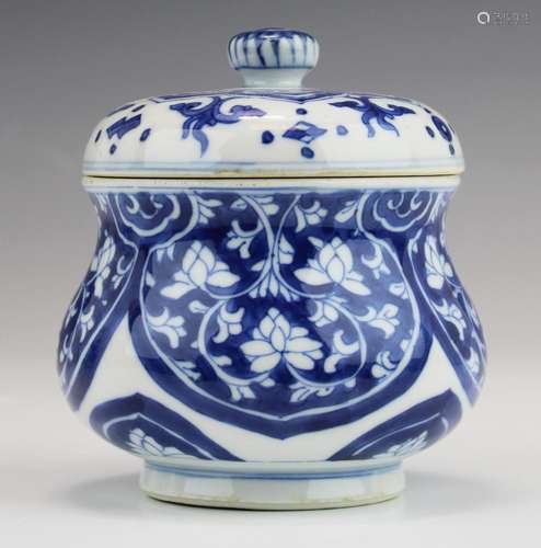 A blue and white covered pot